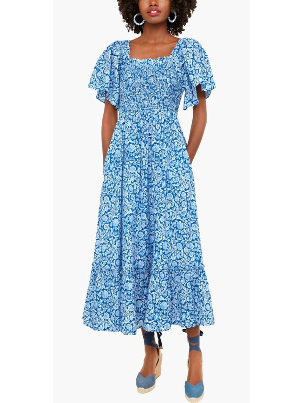 Pink City Prints Tuckernuck Indigo Blue Floral Lolita Smocked Midi Dress XS